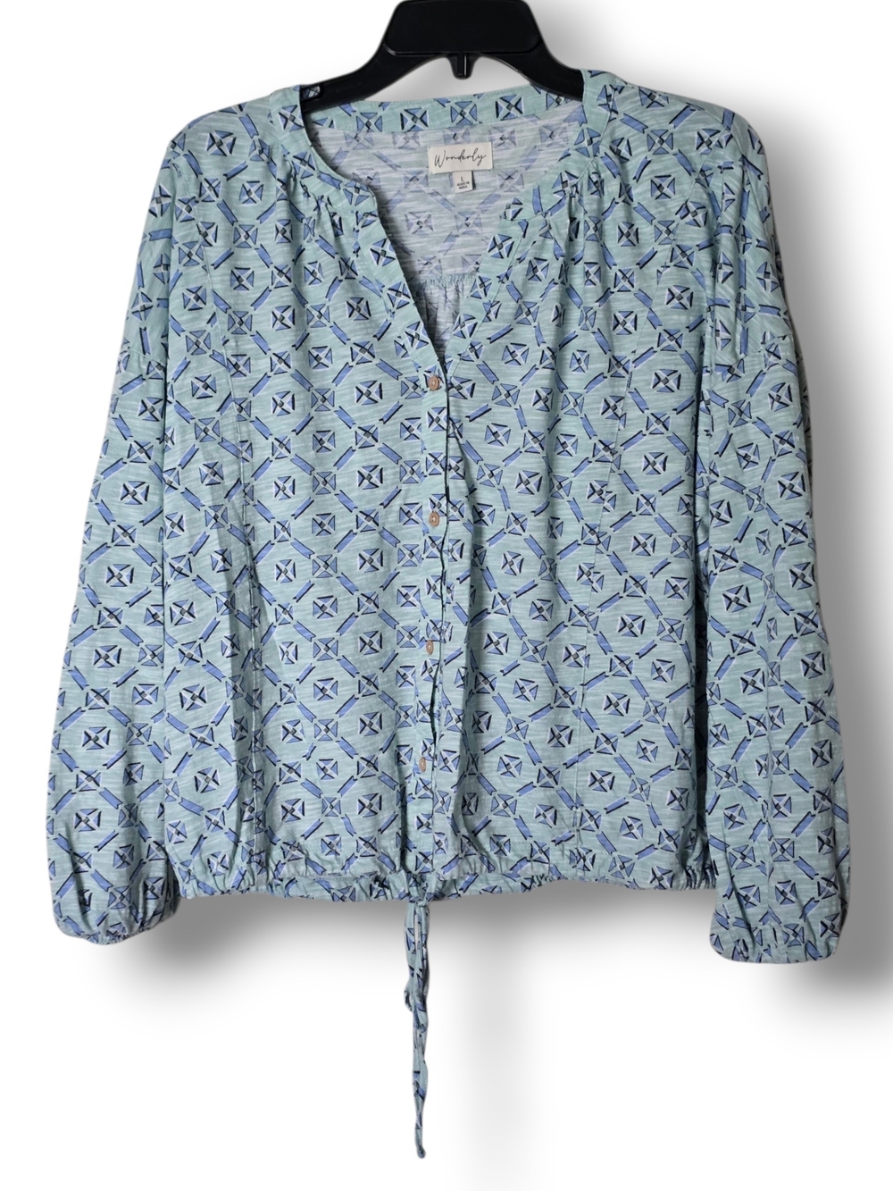 Wonderly Light Blue Geometric Tile Print Long Sleeve Tie Hem Blouse - Size Large - Picture 2 of 5